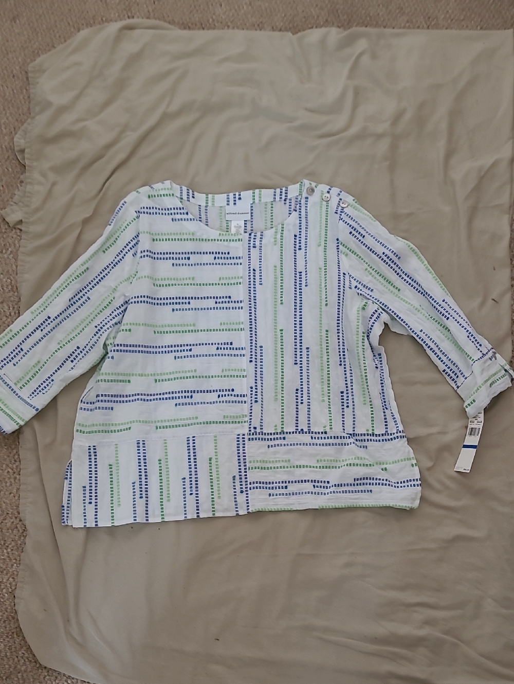 Alfred Dunner White Tunic with Blue and Green Stripe Accents